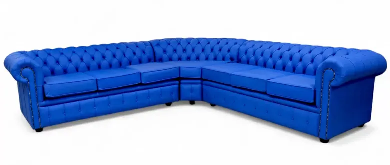 Chesterfield Corner Sofa Unit 7 Seater Deep Ultramarine Blue Leather Cushioned