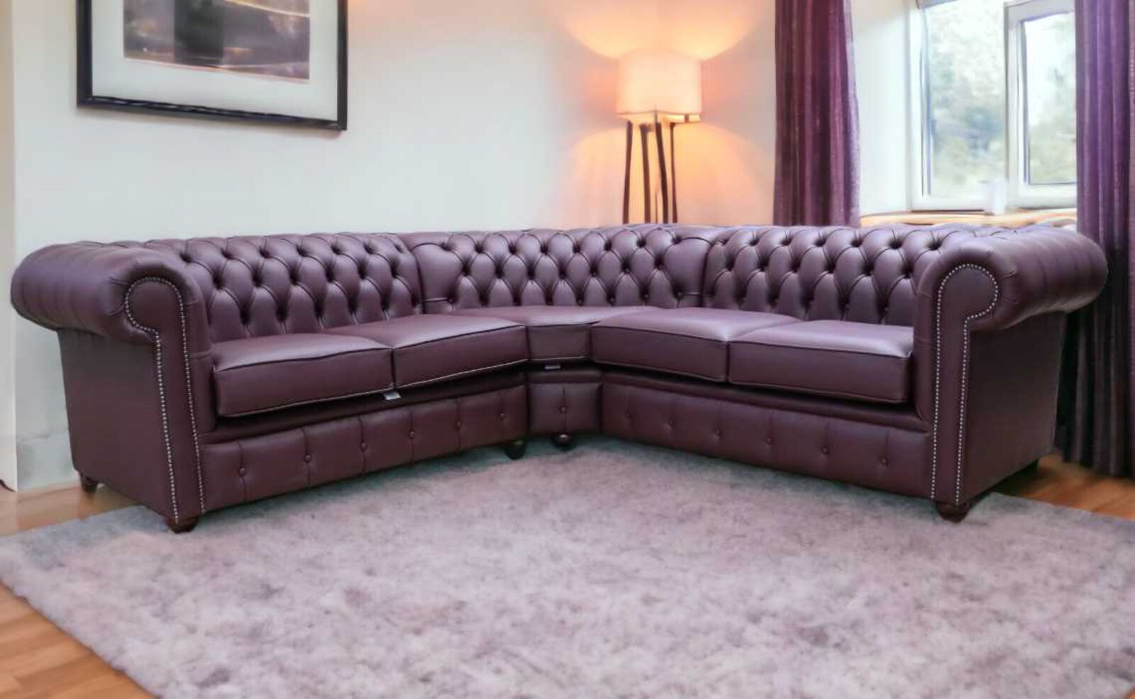 Product photograph of Chesterfield Corner Sofa Unit Cushioned 2 Seater Corner 2 Seater Dark Grape Leather from Designer Sofas 4U