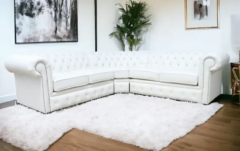 Chesterfield Corner Sofa Unit Cushioned 2 Seater + Corner + 2 Seater Winter White Leather
