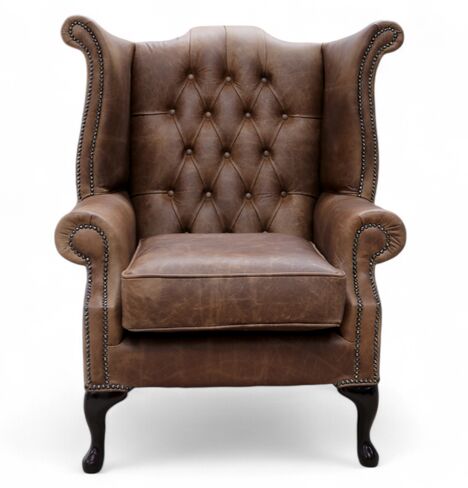 Chesterfield Cracked Wax Tobacco Real Leather Queen Anne High Back Wing Chair