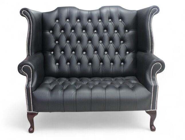 Chesterfield Crystal 2 Seater Queen Anne Buttoned Seat High Back Wing Chair Sofa Black Leather