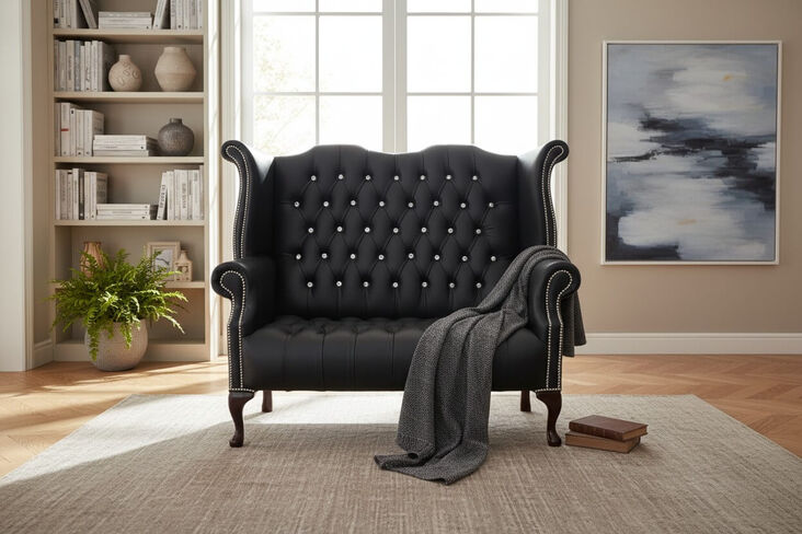 Chesterfield Crystal 2 Seater Queen Anne Buttoned Seat High Back Wing Chair Sofa Black Leather