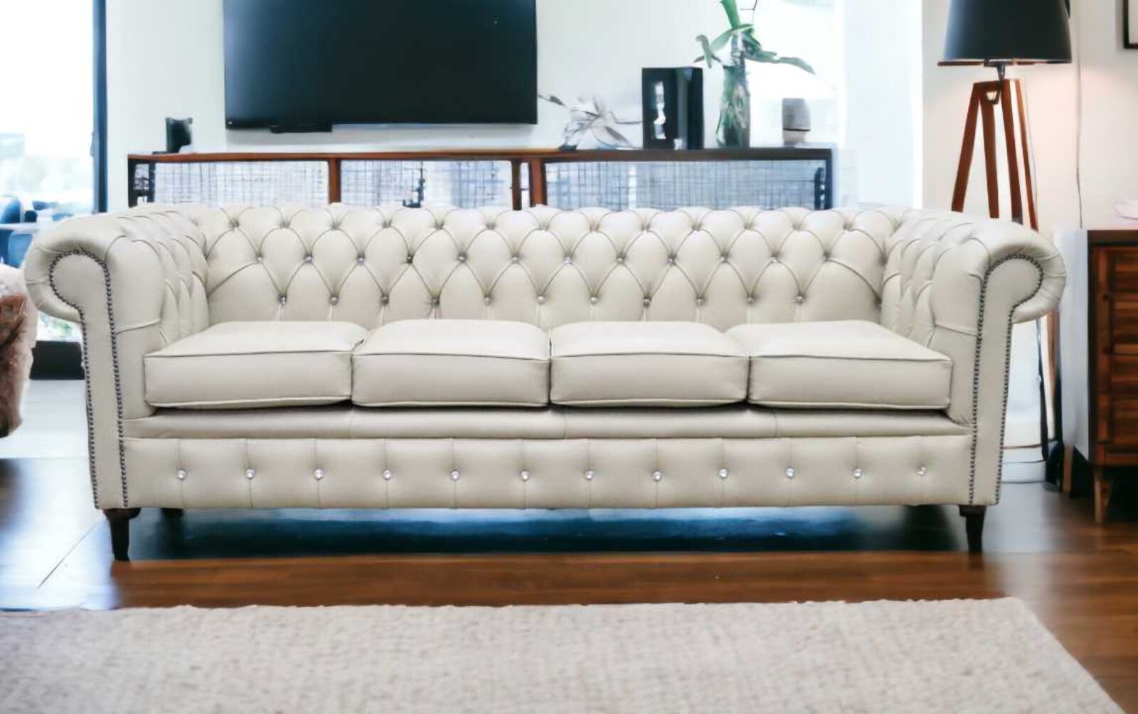 Product photograph of Chesterfield Crystal Diamond 4 Seater Leather Sofa Pebble Leather Offer from Designer Sofas 4U