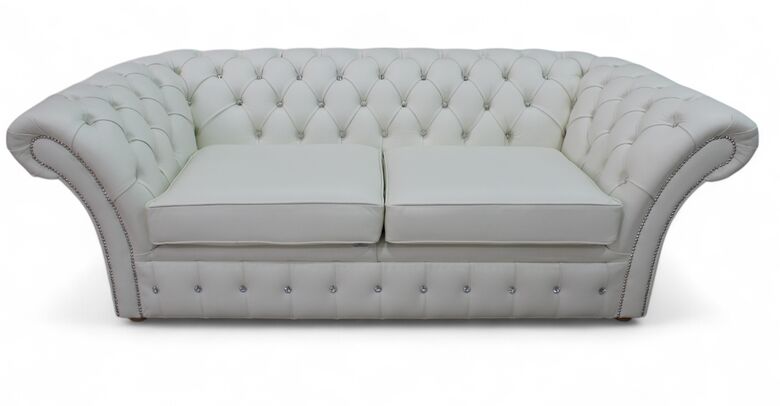Chesterfield Crystal Diamante Balmoral 3 Seater Sofa Settee Winter White Leather