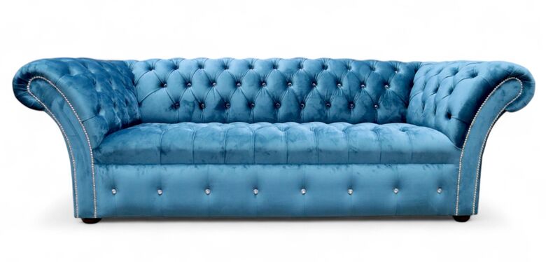 Chesterfield Crystal Diamante Balmoral Buttoned Seat 3 Seater Sofa Monaco Teal Velvet