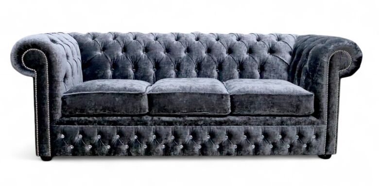 Chesterfield Crystal Diamond 3 Seater Modena Anthracite Velvet Fabric Sofa