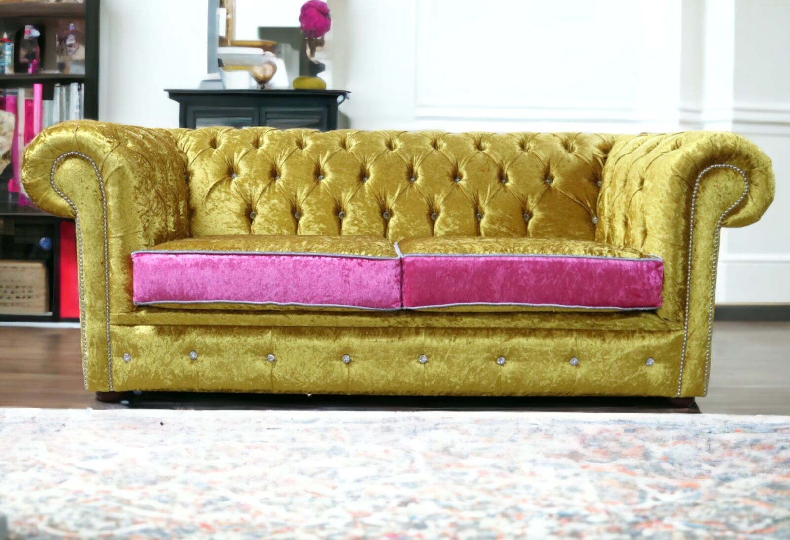 Product photograph of Chesterfield Crystal Diamond 3 Seater Shimmer Gold Velvet Fabric Sofa from Designer Sofas 4U