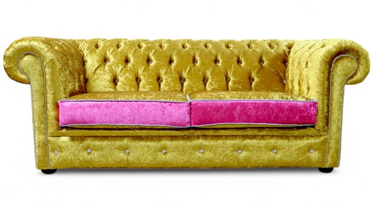 Chesterfield Crystal Diamond 3 Seater Shimmer Gold Velvet Fabric Sofa