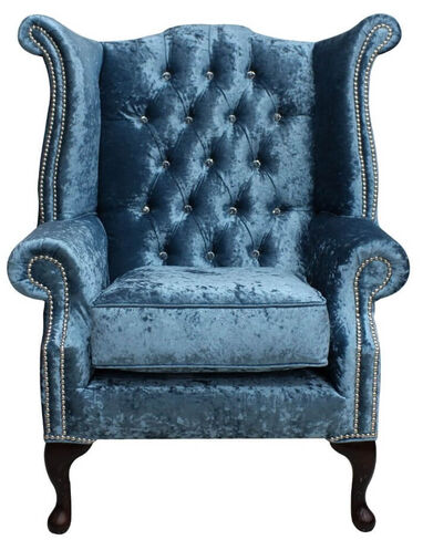 Chesterfield Crystal Queen Anne High Back Wing Chair Shimmer Aqua Velvet