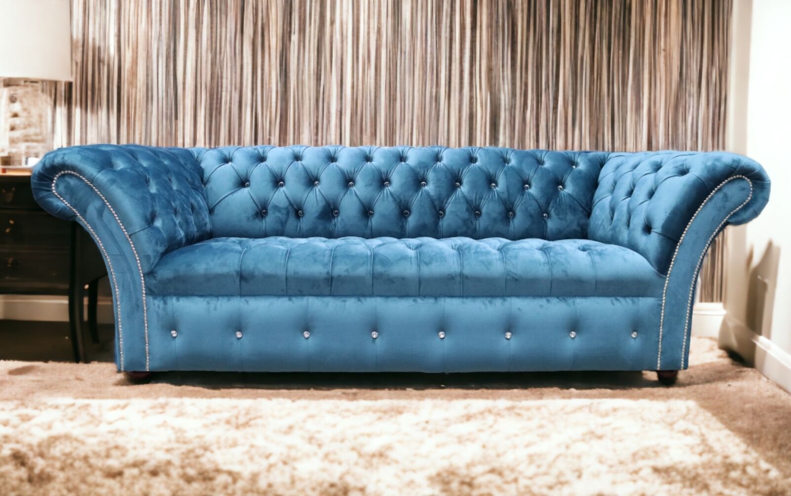 Product photograph of Chesterfield Crystal Diamante Balmoral Buttoned Seat 3 Seater Sofa Monaco Teal Velvet from Designer Sofas 4U