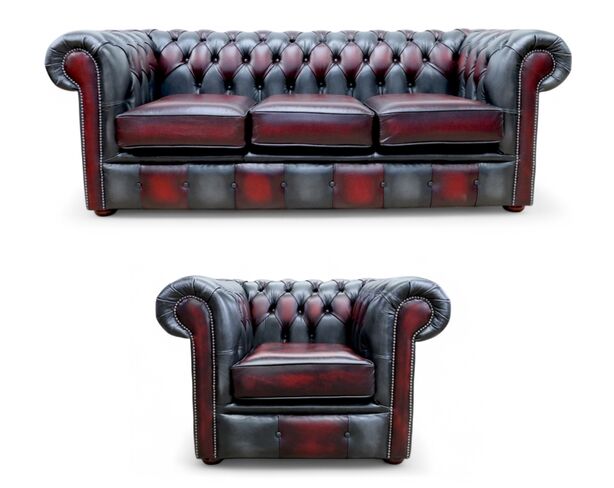 Chesterfield Devil Patchwork Antique 3 Seater + Club Chair Leather Sofa Suite Offer