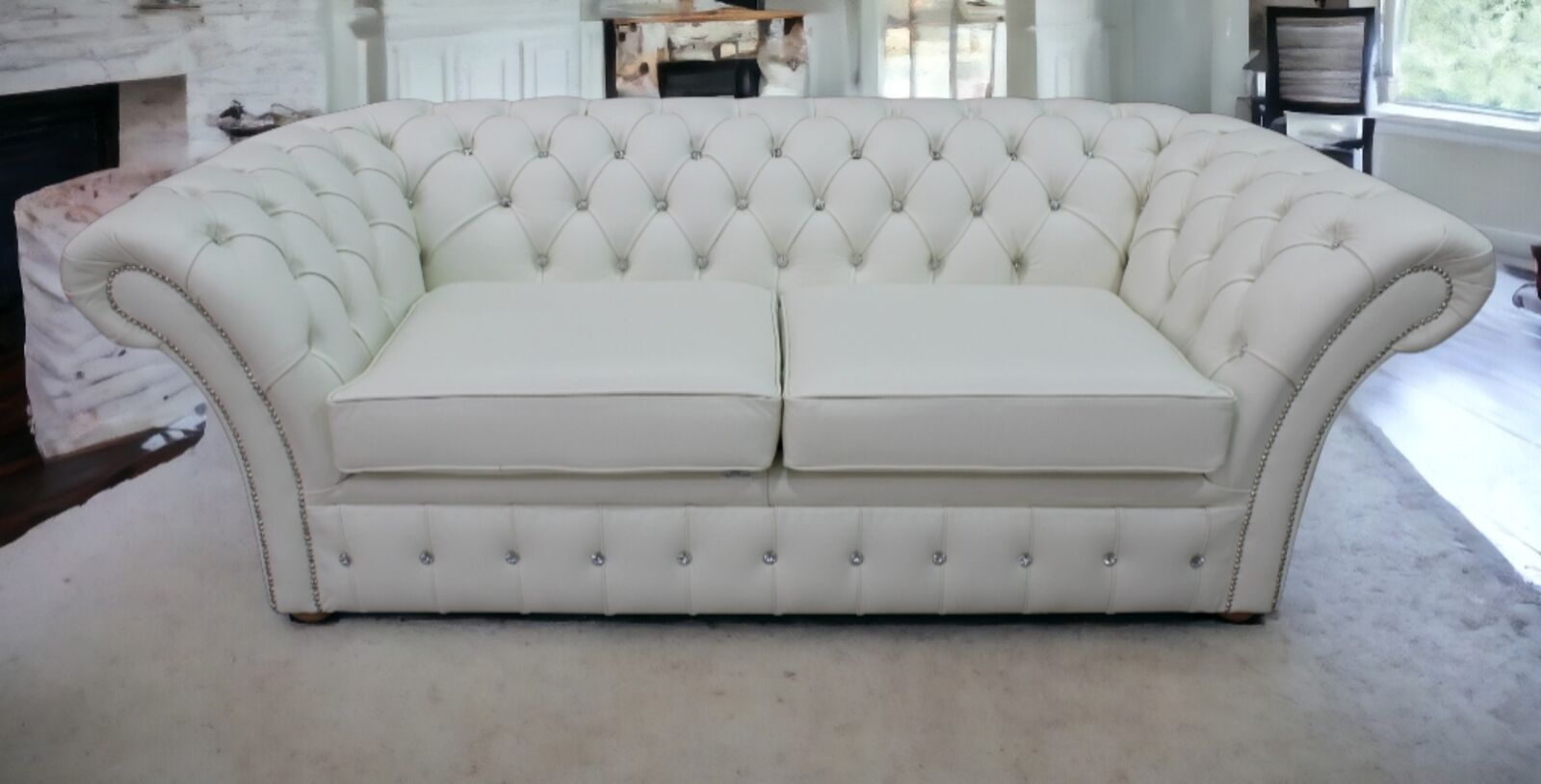 Product photograph of Chesterfield Crystal Diamante Balmoral 3 Seater Sofa Settee Winter White Leather from Designer Sofas 4U