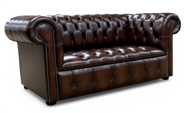 Chesterfield Edwardian 2 Seater Settee Sofa Buttoned Seat Antique Brown Leather