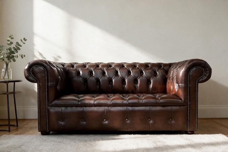 Chesterfield Edwardian 2 Seater Settee Sofa Buttoned Seat Antique Brown Leather