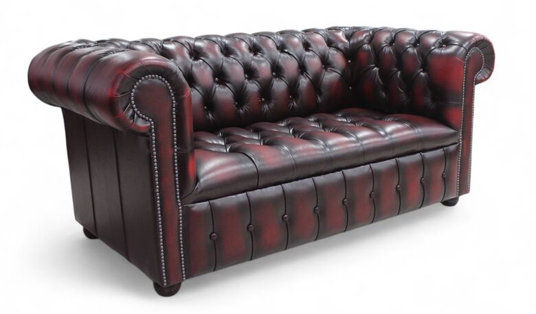 Chesterfield Edwardian 2 Seater Settee Sofa Buttoned Seat Antique Oxblood Leather