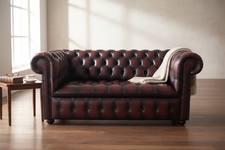 Chesterfield Edwardian 2 Seater Settee Sofa Buttoned Seat Antique Oxblood Leather