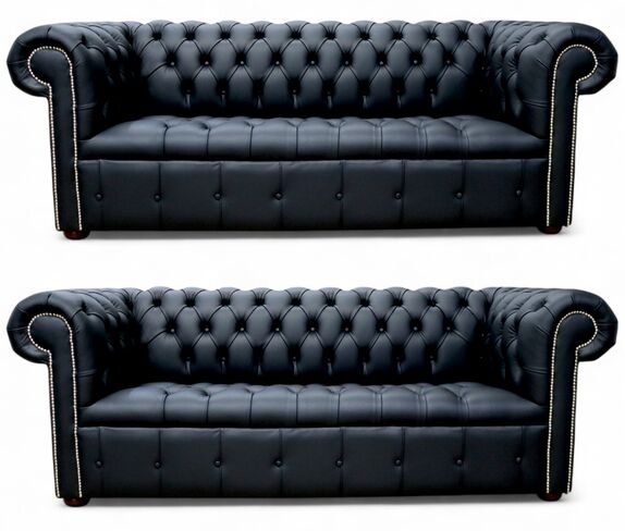 Chesterfield Edwardian 3+3 Sofa Suite Buttoned Seat Black Leather
