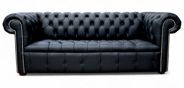 Chesterfield Edwardian 3 Seater Buttoned Seat Sofa Black Leather