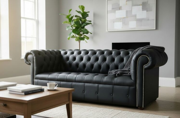 Chesterfield Edwardian 3 Seater Buttoned Seat Sofa Black Leather