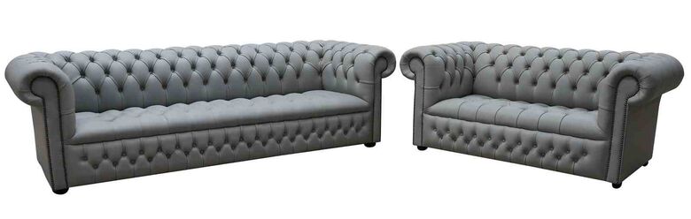 Chesterfield Edwardian 4+2 Seater Settee Buttoned Seat Shelly Silver Grey Leather Sofa Offer