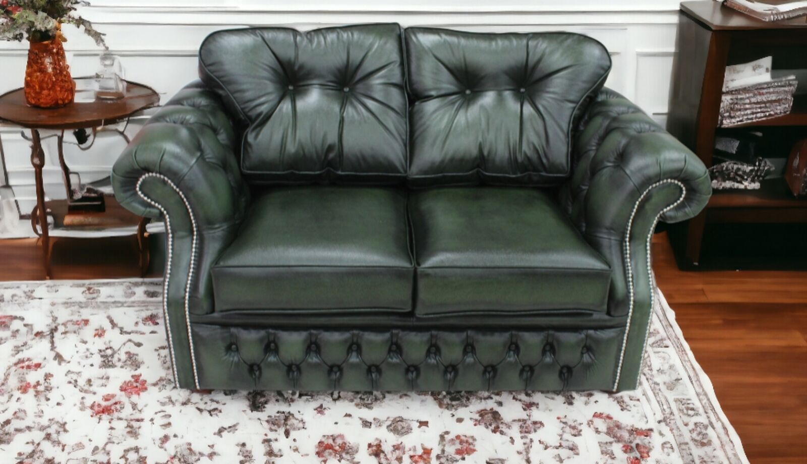 Product photograph of Chesterfield Era 2 Seater Settee Traditional Chesterfield Sofa Antique Green Leather from Designer Sofas 4U