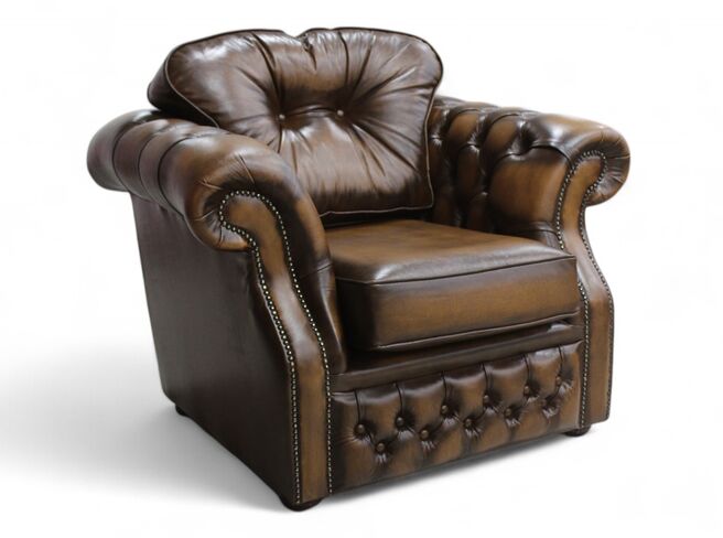 Chesterfield Era High Back Leather Armchair Antique Tan
