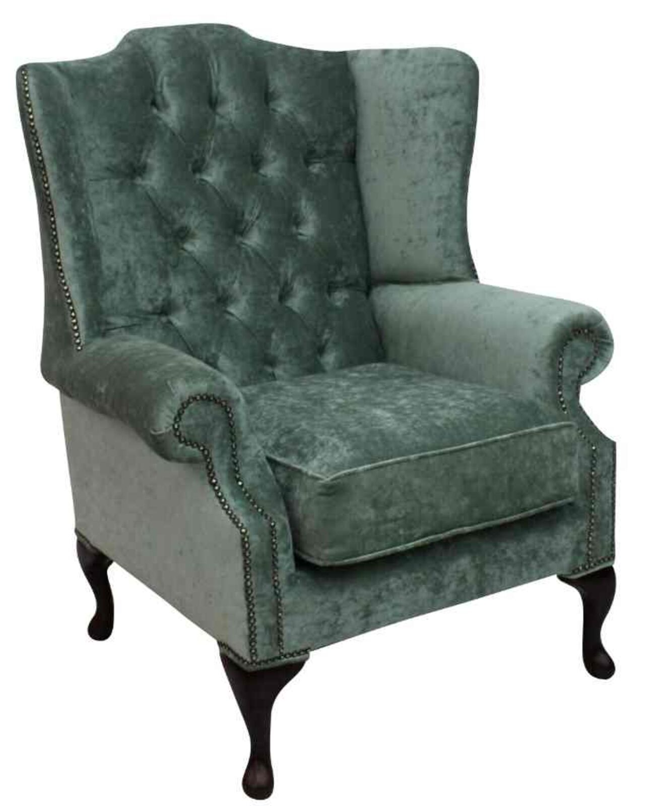 Product photograph of Chesterfield Mallory Flat Wing High Back Wing Chair Pastiche Jade Green Velvet from Designer Sofas 4U