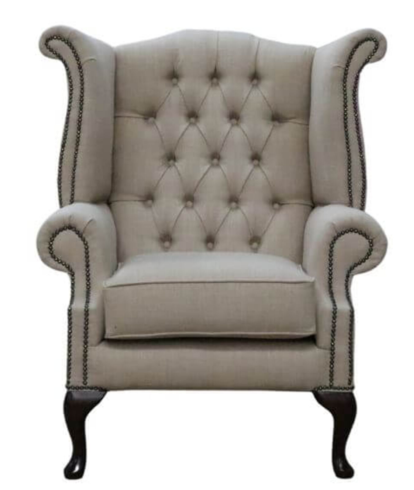 Product photograph of Chesterfield Fabric Queen Anne High Back Wing Chair Bacio Cream from Designer Sofas 4U
