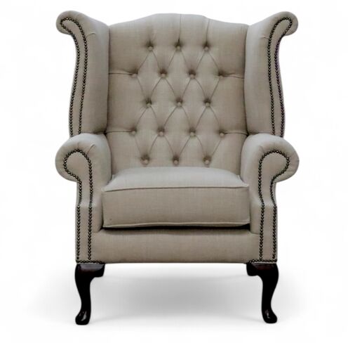 Chesterfield Fabric Queen Anne High Back Wing Chair Bacio Cream
