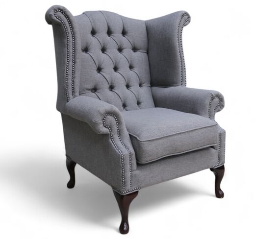 Chesterfield Fabric Queen Anne High Back Wing Chair Bacio Pewter Grey