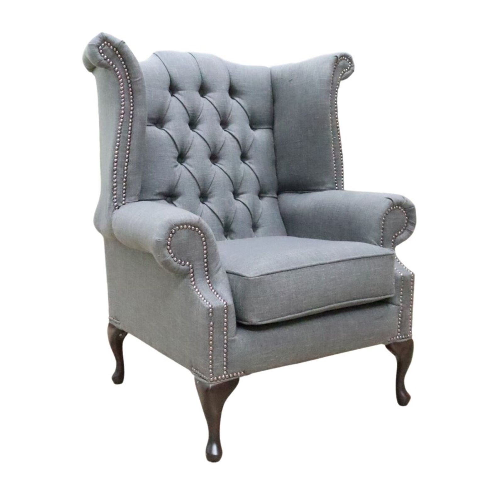 Product photograph of Chesterfield Fabric Queen Anne High Back Wing Chair Bacio Smoke from Designer Sofas 4U