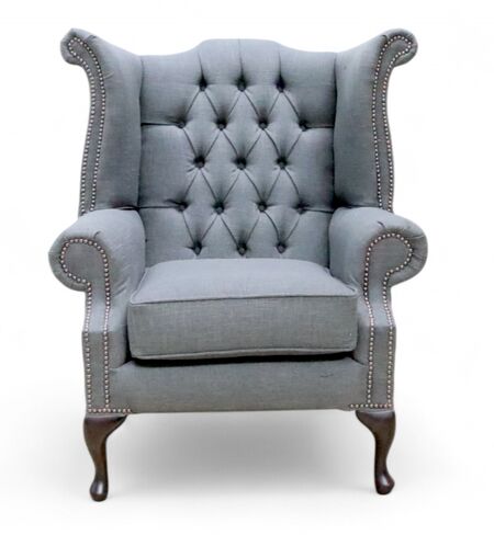 Chesterfield Fabric Queen Anne High Back Wing Chair Bacio Smoke