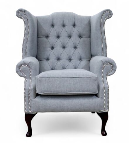 Chesterfield Fabric Queen Anne High Back Wing Chair Bacio Zinc