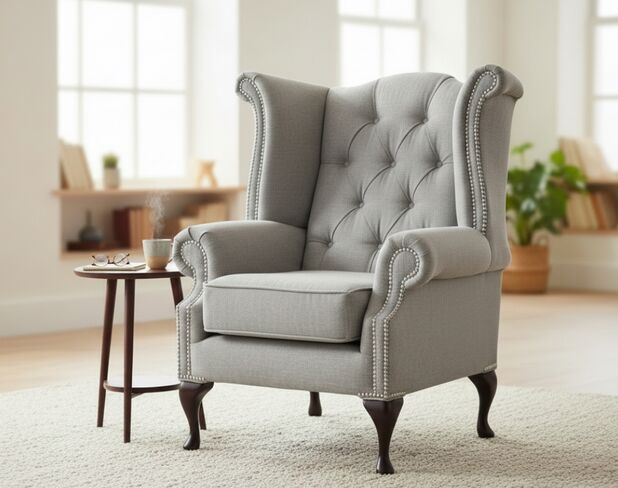Chesterfield Fabric Queen Anne High Back Wing Chair Bacio Zinc