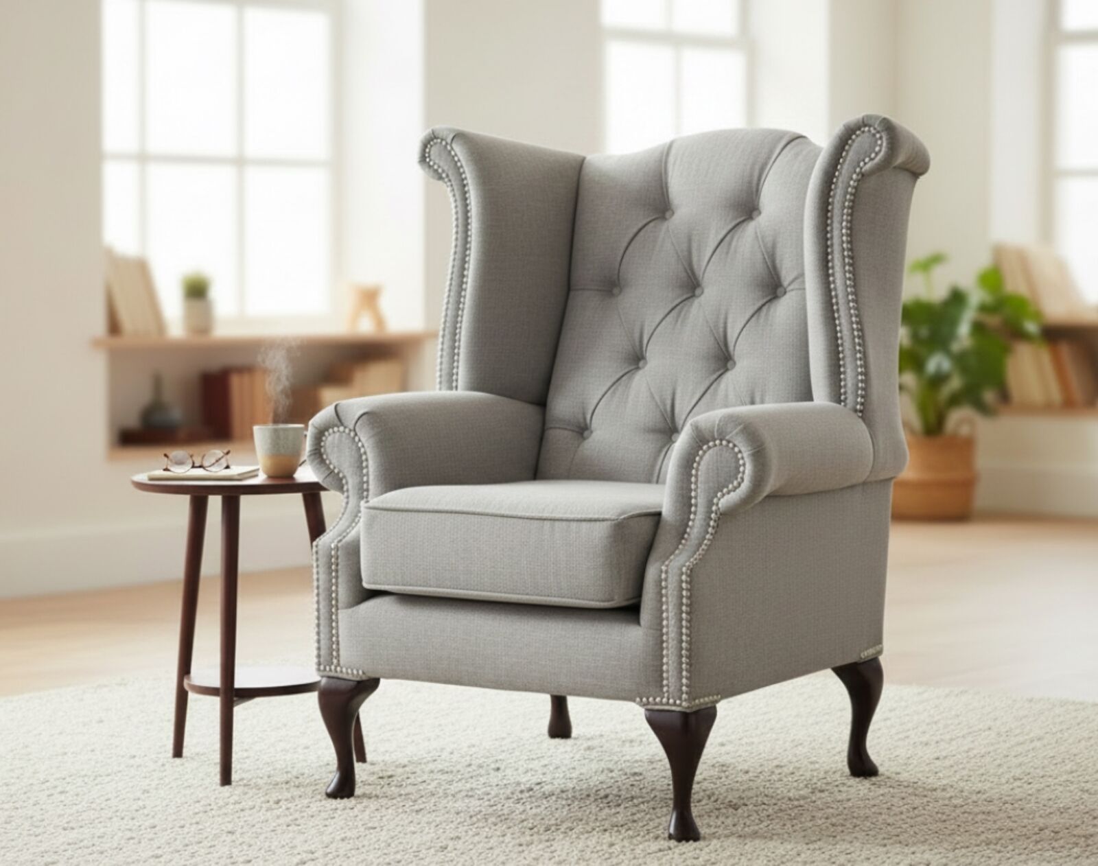 Chesterfield Fabric Queen Anne High Back Wing Chair Bacio Zinc
