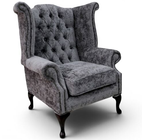 Chesterfield Fabric Queen Anne High Back Wing Chair Belvedere Pewter Grey Velvet