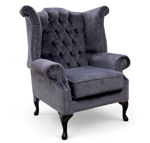 Chesterfield Fabric Queen Anne High Back Wing Chair Pimlico Charcoal Grey