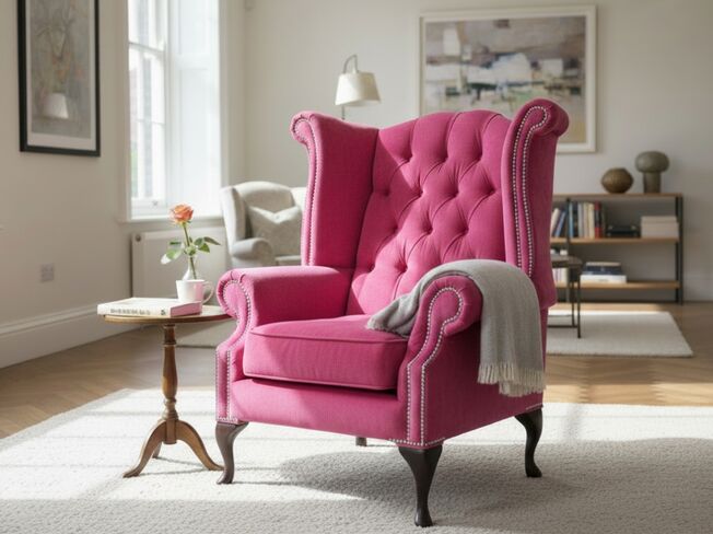 Chesterfield Fabric Queen Anne High Back Wing Chair Pimlico Fuchsia Pink