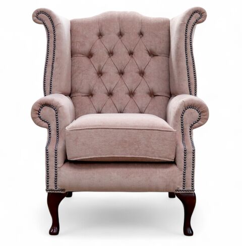 Chesterfield Queen Anne High Back Wing Chair Pimlico Rose Fabric