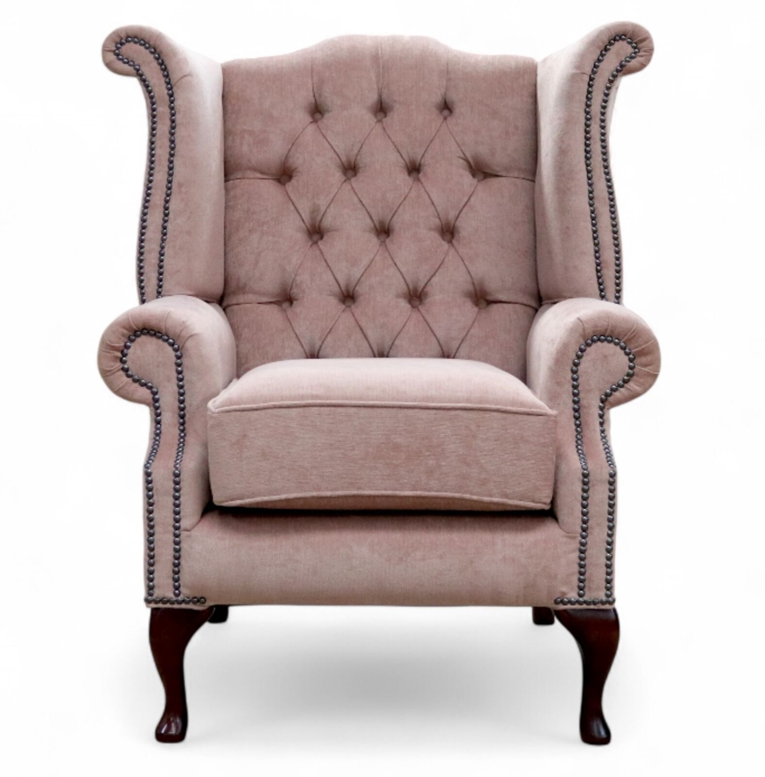 Chesterfield Queen Anne High Back Wing Chair Pimlico Rose Fabric