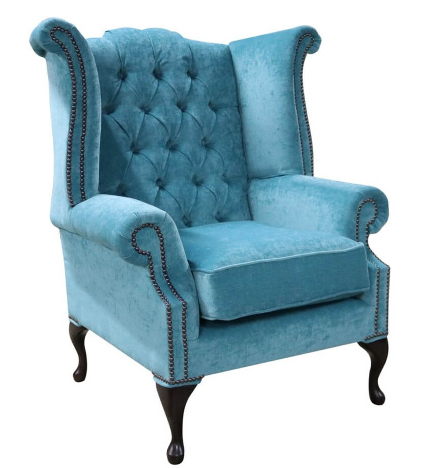 Product photograph of Chesterfield Queen Anne High Back Wing Chair Pimlico Teal from Designer Sofas 4U