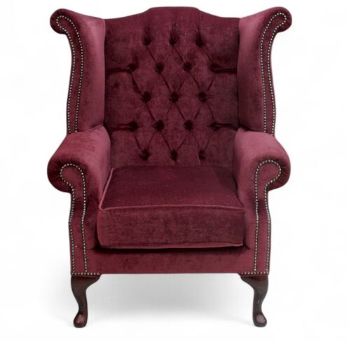 Chesterfield Fabric Queen Anne High Back Wing Chair Pimlico Wine