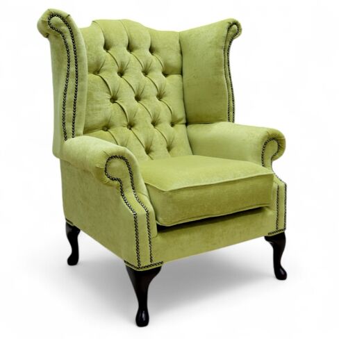 Chesterfield Fabric Queen Anne High Back Wing Chair Pimlico Zest Green