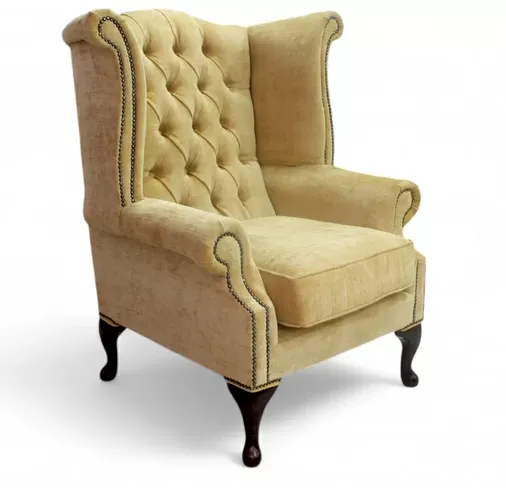 Chesterfield Fabric Queen Anne High Back Wing Chair Velluto Gold