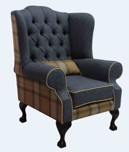 Chesterfield Frederick Wool Wing Chair Fireside High Back Armchair Skye Sage/Grey Check Tweed