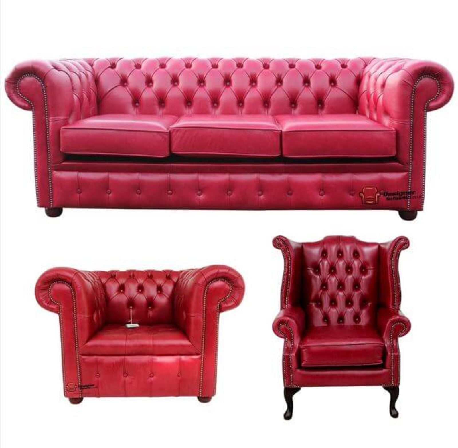 Product photograph of Chesterfield 3 Piece Leather Suite Three Seater Sofa Queen Anne Wing Chair Buttoned Seat Club Chair Old English Gamay from Designer Sofas 4U