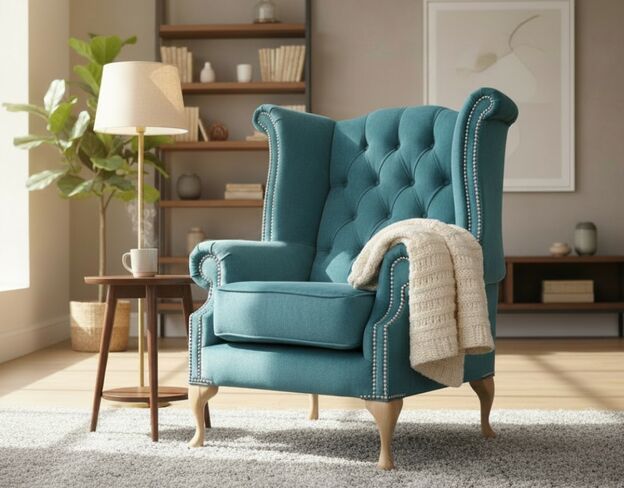 Chesterfield Genuine Queen Anne High Back chair Pimlico Teal Blue Velvet