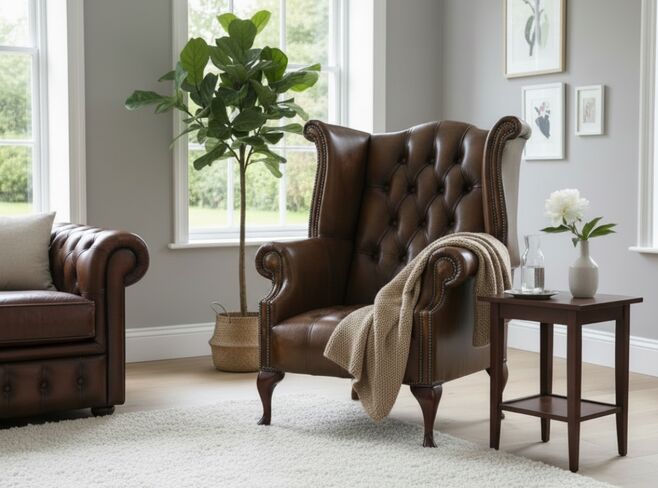Chesterfield Georgian Buttoned Seat Queen Anne Wing Chair Antique Tan Leather