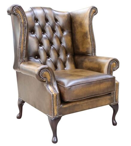 Chesterfield Georgian Queen Anne Wing Chair Antique Gold Leather