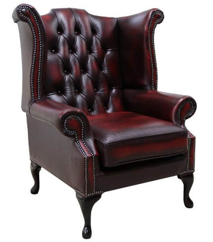 Chesterfield Georgian Queen Anne Wing Chair Antique Oxblood Red Leather